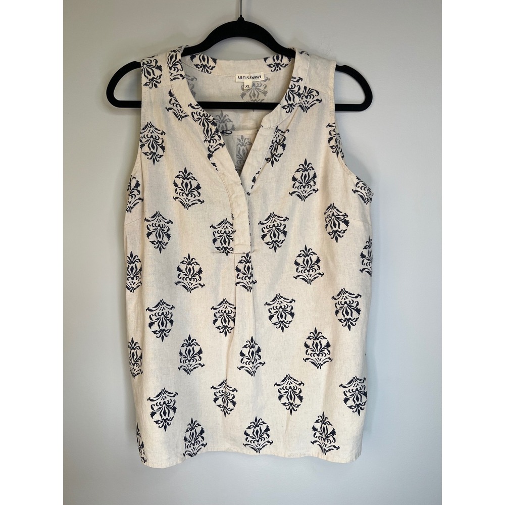 Artisan NY Linen Womens XL Sleeveless Blouse Top Damask‎ Print Beige Casual